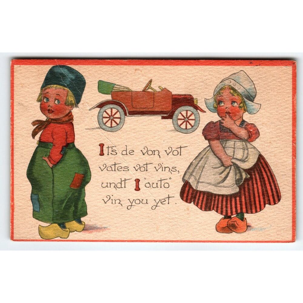 Dutch Boy and Girl Automobile Car Romance Postcard Barton & Spooner 1913
